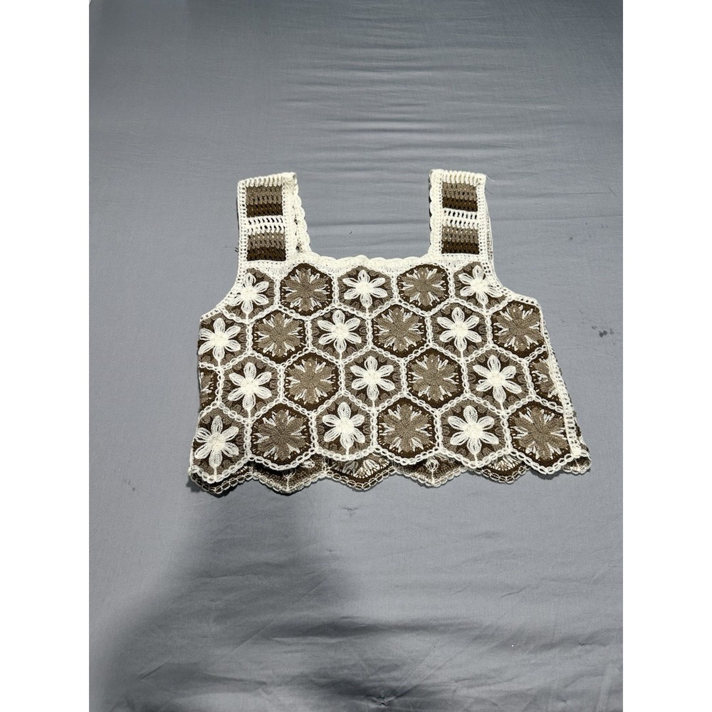 REBELLION AGAIN Crochet Crop Top Brown & Cream Size M Cottage Core Hippie Boho - Picture 6 of 7
